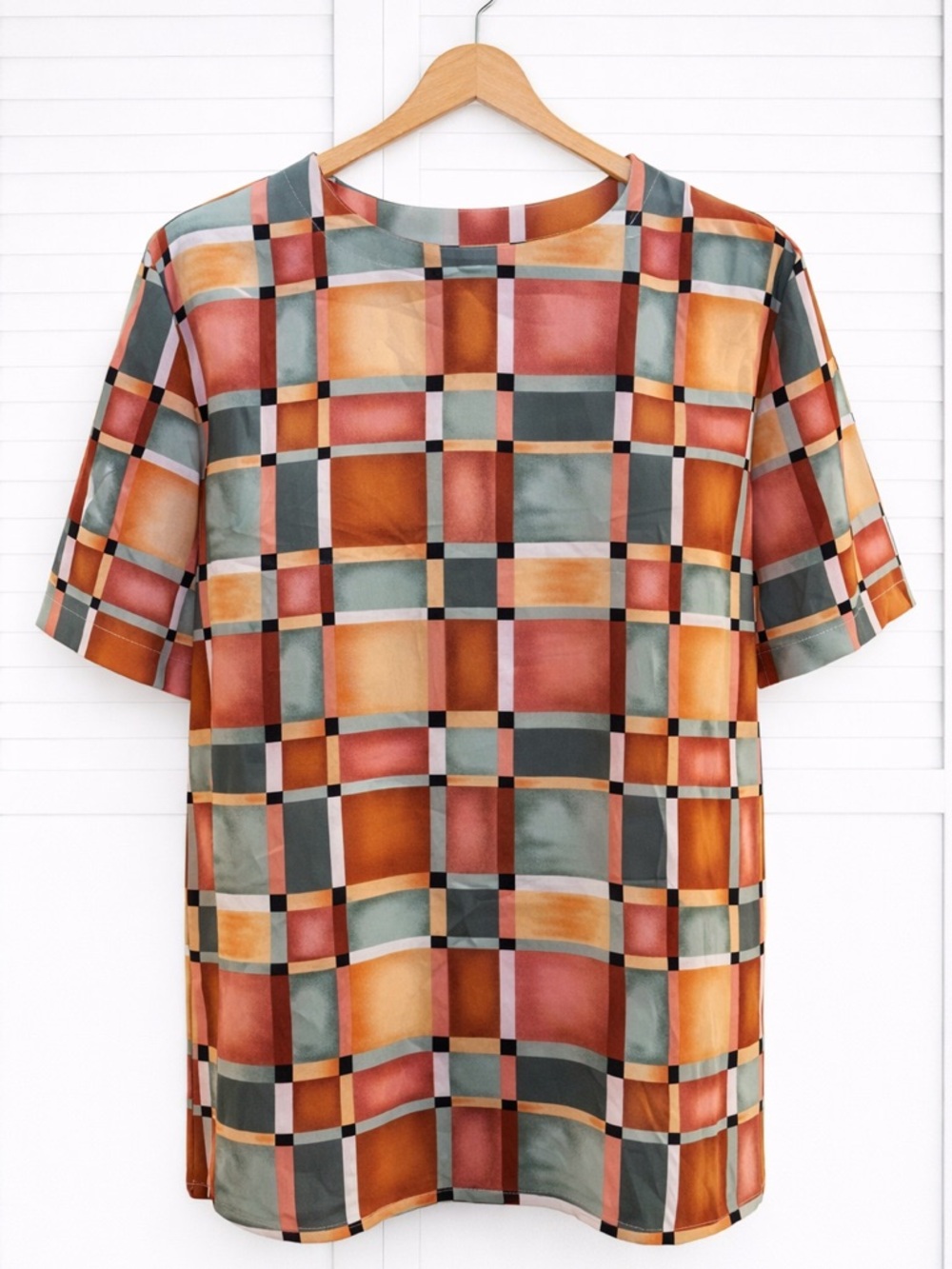 Vintage Kathy Che 80s 90s Geometric Grid Blouse Boxy Art Teacher Academia Large
